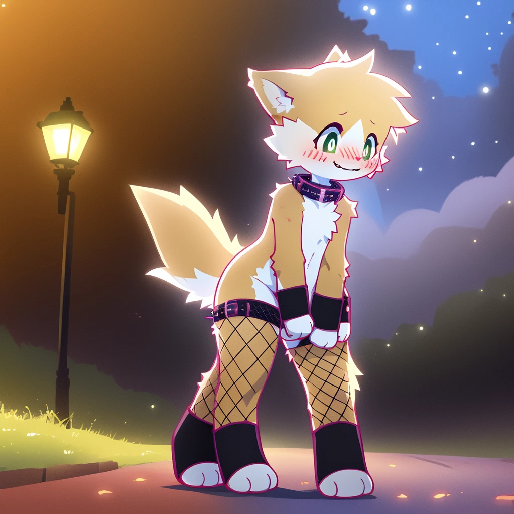 art by dagasi, (solo:1.5), Best Quality, Masterpiece, (Absurdres:), Detailed, Ultra-Detailed, Digital Art, correct anatomy, arms in correct position, full body, (high quality, high res, 4k:1.2), (???:1.5), (small, youthful), rolo, furry, small, (??? female:1.3), fluffy, light orange fur, green cat eyes, (beautiful eyes), juicy thighs, flushed, embarrassed, small nervous smile, blushing, fluffy tail, eyelashes, slightly enjoying, walking through the park, on a very dark night, very dark, no light, wearing fishnet stockings, (wearing fishnet sleeves:1.2), (red collar:1.2), (spiked collar:1.1), SFW, lingerie