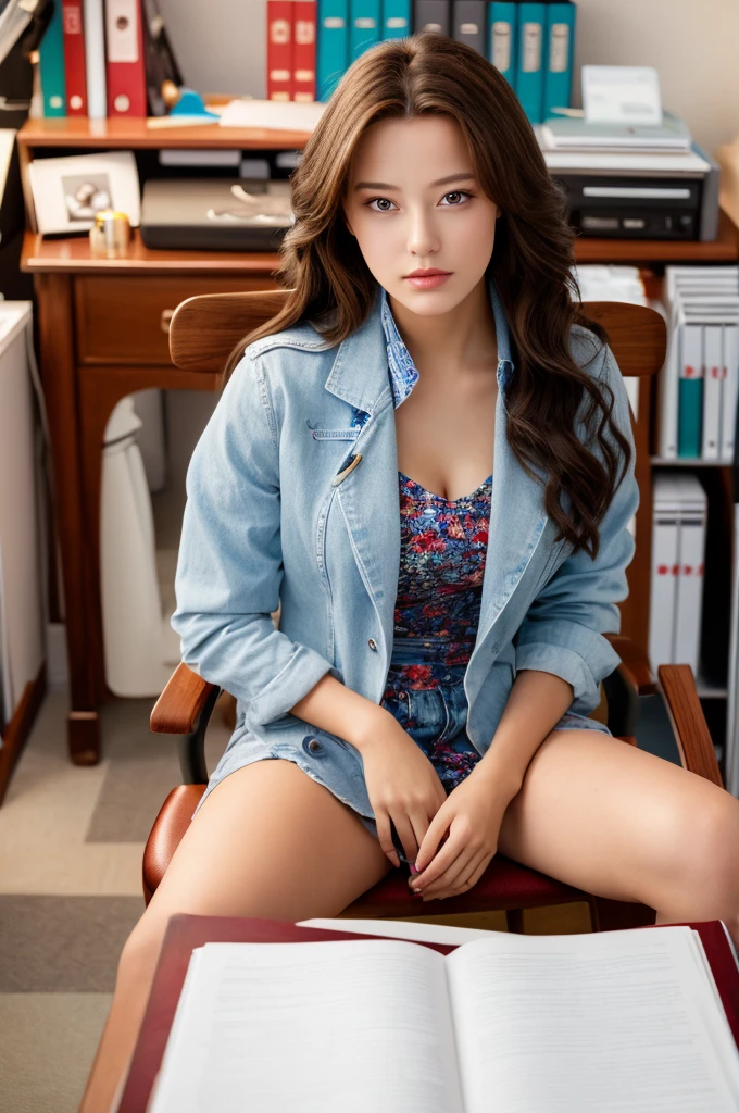 a 18 year old actress with the most beautiful woman's face in the world, perfect propotions of a woman's body, blazer is worn on shirt, a hand or two hands are off vagina between opened two legs, two pairs of labia under clitoris, sitting on a desk chair in office, nsfw, best quality, highly detailed, masterpiece, ultra high res, photo realistic, 8k