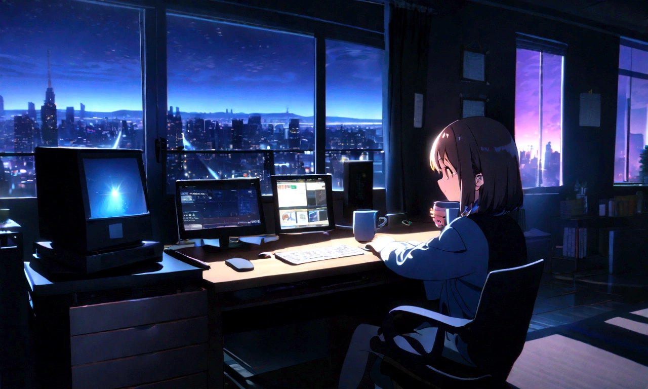 A girl is drinking coffee and starting up a computer at a table in front of a window with a night city view, Home Office Decor, Anime Background, Cinematic Night Light, Ray Tracing, Highly detailed interior wallpaper, Desk Light