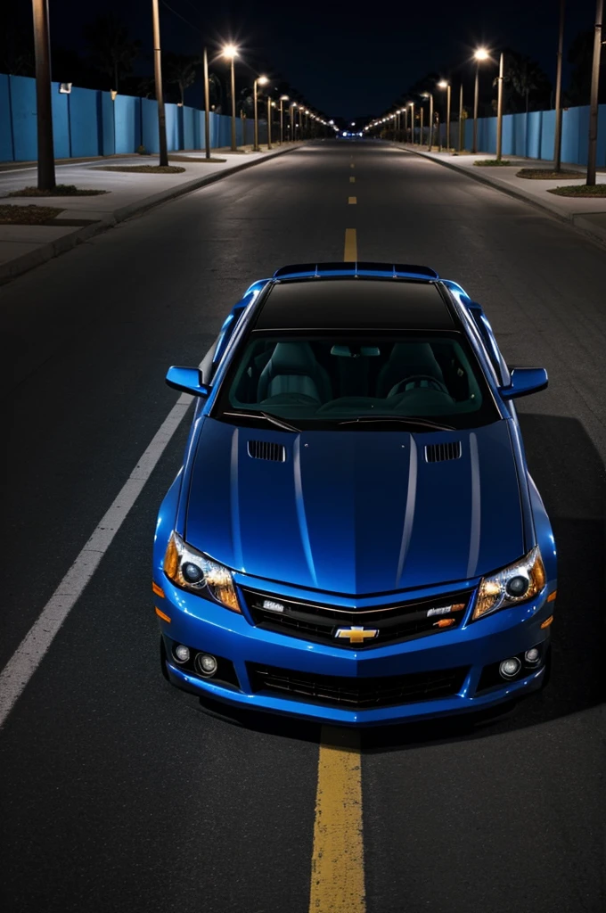 Make me a dope high quality iPhone wallpaper of a blue 2006 Chevy Monte Carlo ss on a dark street 