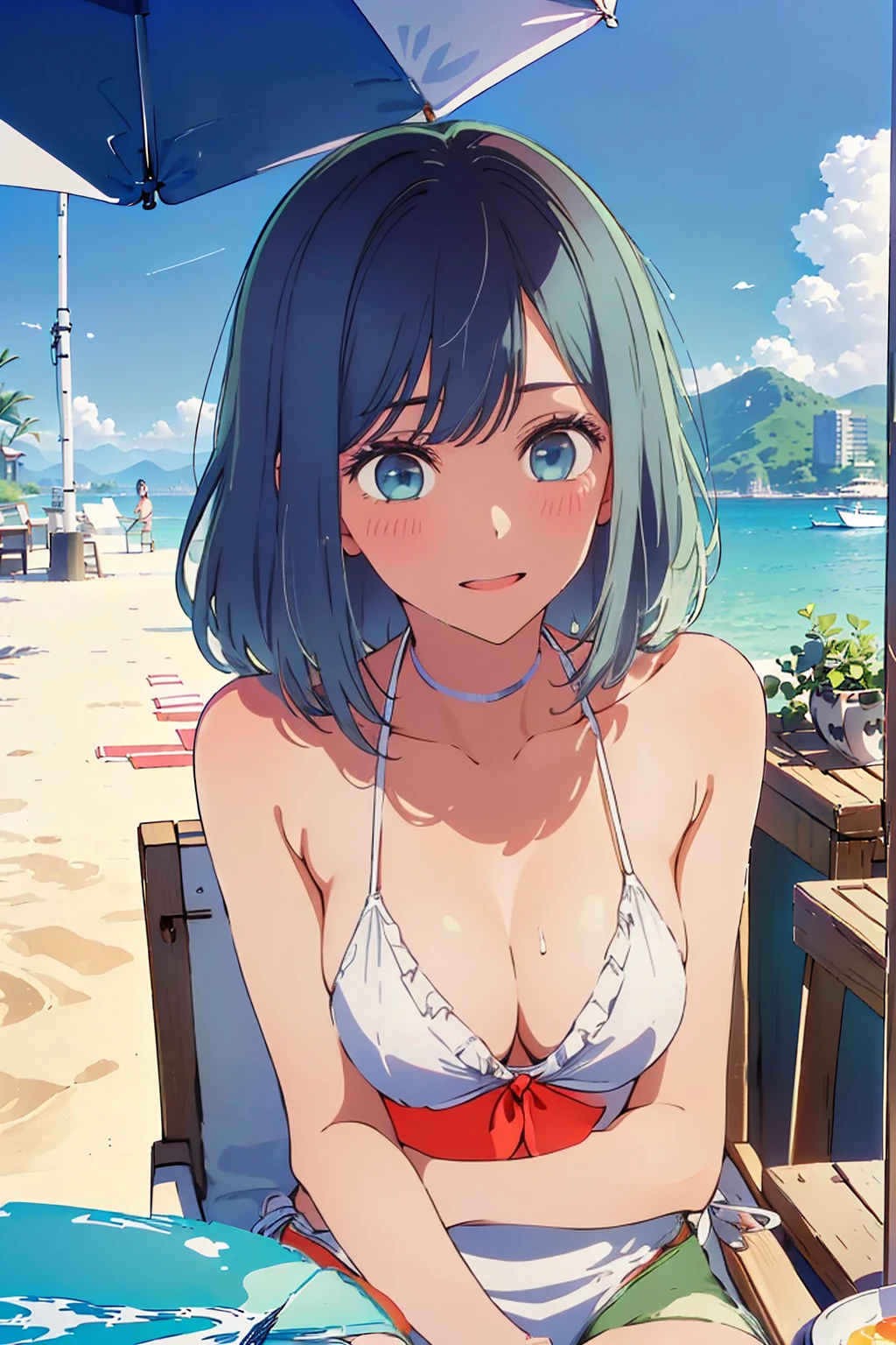 (Highest quality:1.4、8k:1.4,detailed),F cup bust、Big Breasts、Slim and beautiful arms、Slim body、Very white beautiful skin、((((1 person、smile、Swimwear、smile、sit、Chair、In the background are the urban buildings of Tokyo、Outdoor café terrace、coastal、Navy hair color、juice、table、Cheek resting on hand、She is wearing a white side-string high-leg bikini、Looking up、Shooting up close、Very cute face))))、looking at the camera、Very beautiful face、Very blue sky、A completely cloudless sky、She tilted her head slightly、The atmosphere is bright and lively、The woman is at the center of the image。