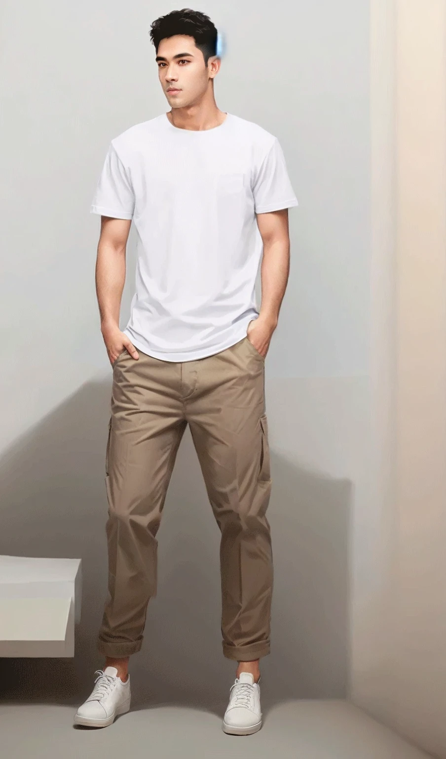 Standing in the corner,Arav man in white shirt and khaki pants, Overalls, wearing Overalls, Wearing pants and T-shirt, There are two front pockets, Modern casual clothing, Casual Modern Clothing, Official product images, Work clothes, Wear a white T-shirt, Work clothes, Full body portrait, Full body photo of Steve, Full body pictures