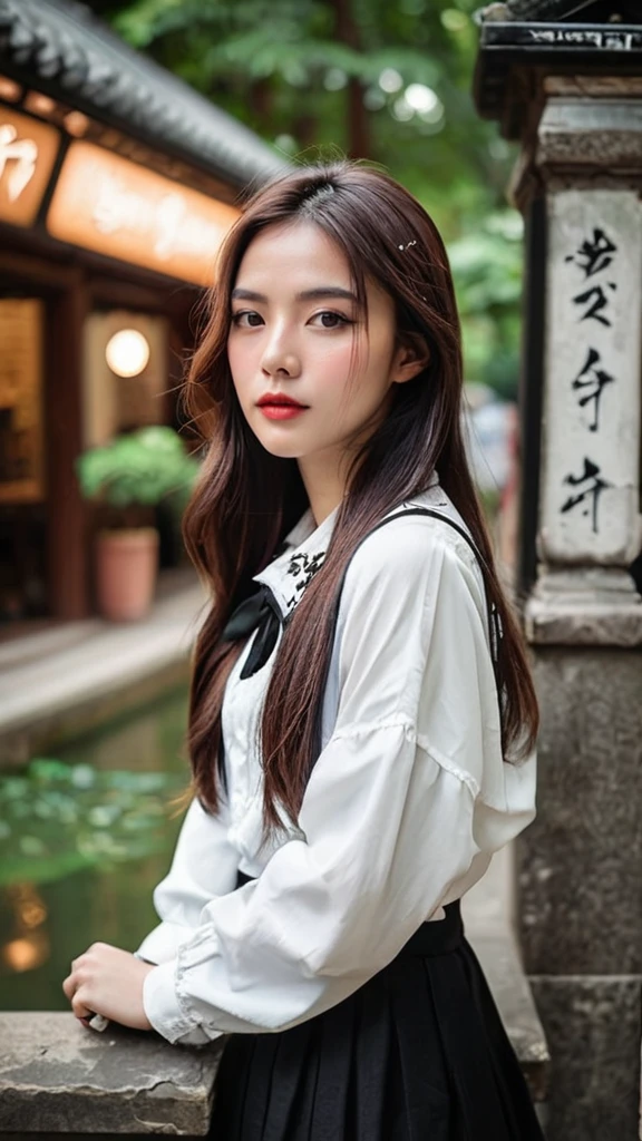 Portrait MagMix Girl look at camera, long hair, grunge gothic with Grave walls, a classic halloween fountain counter, and bold grunge posters, face lightning, film photo, unusual fashion choices, unusual hairstyles choices, pale skin, Korean girl, beautiful girl, black and white outfit, upper image