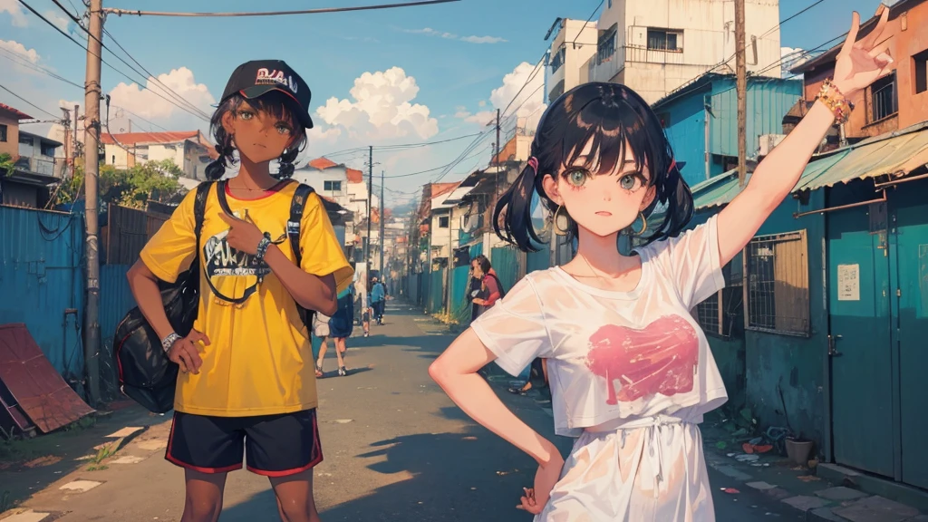 favela scene with a hip hop girl in the background making faces at a camera