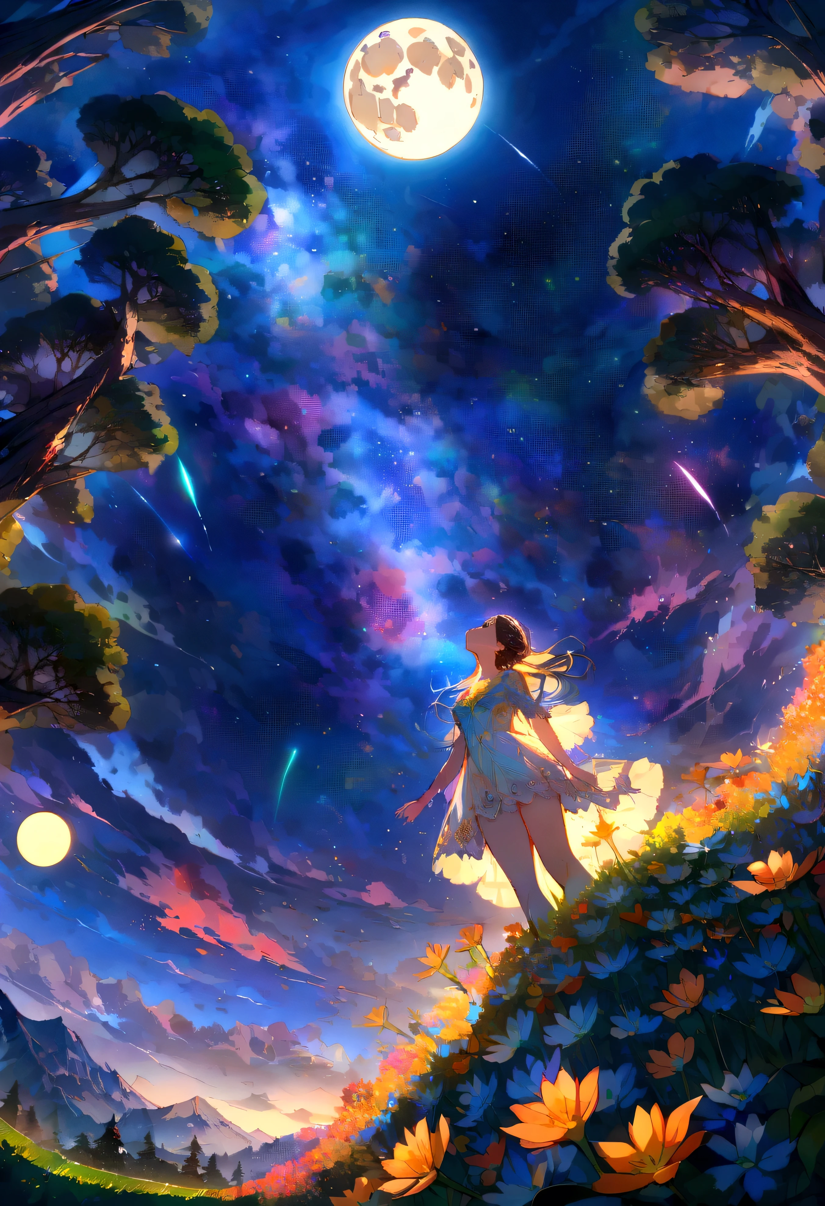 expansive landscape photograph , (a view from below that shows sky above and open field below), a girl standing on flower field looking up, (full moon:1.2), ( shooting stars:0.9), (nebula:1.3), distant mountain, tree BREAK
production art, (warm light source:1.2), (Firefly:1.2), lamp, lot of purple and orange, intricate details, volumetric lighting BREAK
(masterpiece:1.2), (best quality), 4k, ultra-detailed, (dynamic composition:1.4), highly detailed, colorful details,( iridescent colors:1.2), (glowing lighting, atmospheric lighting), dreamy, magical, (solo:1.2)
