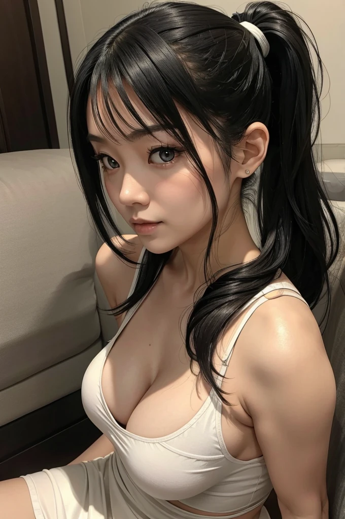 Aiko is a 37-year-old woman with a very large chest, specifically N cup breasts. american woman, white woman, low pony tail, LOW, bangs in face, She has long black hair that reaches her mid-back and is usually kept in a low ponytail. Her eyes are black, and her skin is soft, smooth, and milky. She has a gentle, nurturing appearance, mature face, old face, wide body, fat