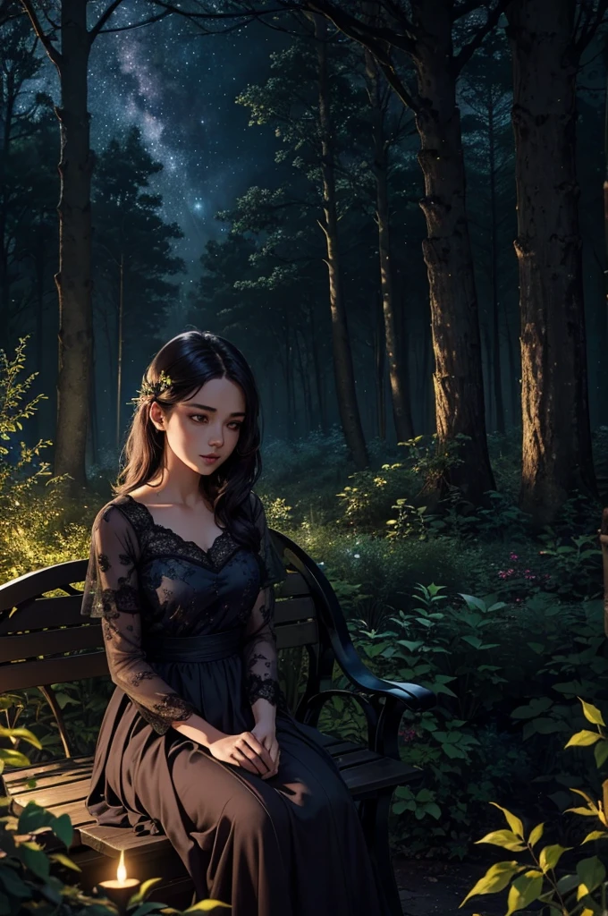 a dark secret grove in a forest, lush botanical garden, romantic moody night sky, detailed stars and night time, complicated land and open sky, 1girl with beautiful detailed eyes and lips, wearing a floral dress, sitting on a bench under a tree, professional lighting, cinematic composition, dark muted colors, photorealistic, 8k, high quality