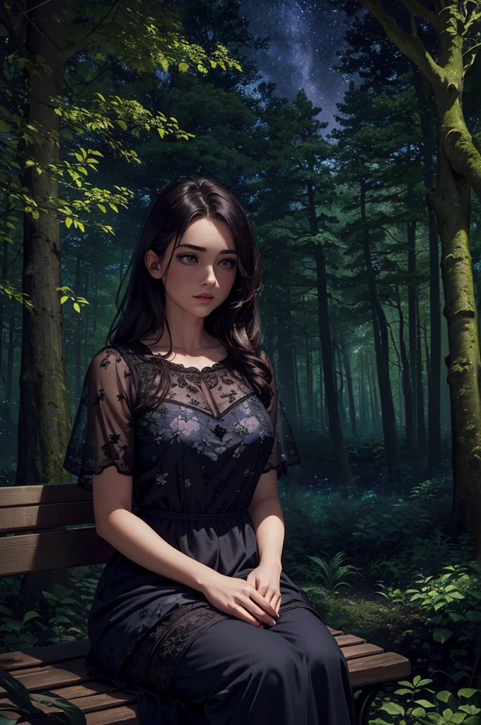 a dark secret grove in a forest, lush botanical garden, romantic moody night sky, detailed stars and night time, complicated land and open sky, 1girl with beautiful detailed eyes and lips, wearing a floral dress, sitting on a bench under a tree, professional lighting, cinematic composition, dark muted colors, photorealistic, 8k, high quality
