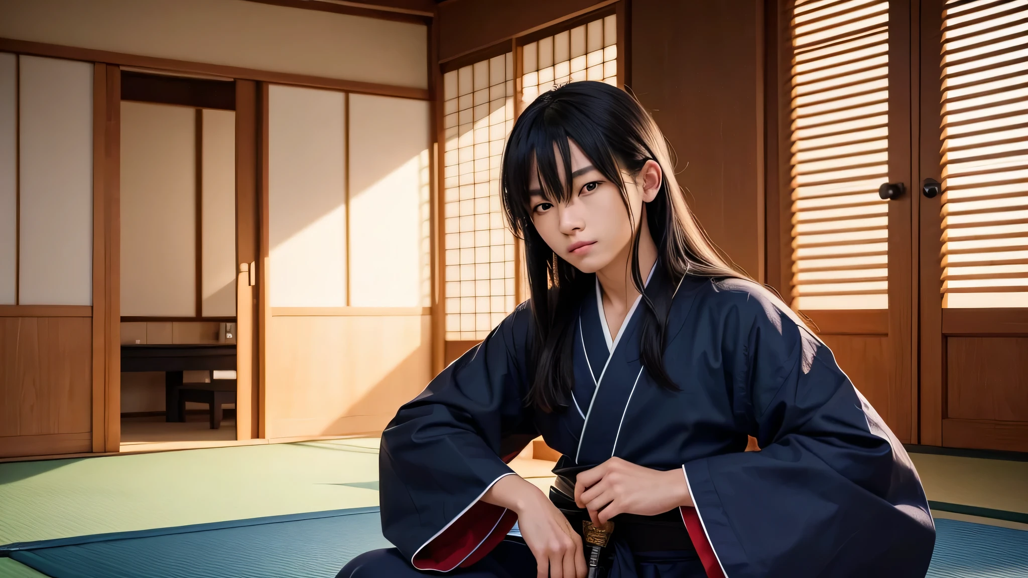 One person、solo、Facing the viewer head-on、Whole body shot、indoor、tatami、dojo、Woman dressed as a man、Good looking woman、Butch、long hair、Black Hair、Black hair、Knot、Iris、20-year-old、Wearing blue hakama、Kimono、Sword on waist、Arms crossed、4k、(Masterpiece)、((Detailed))
