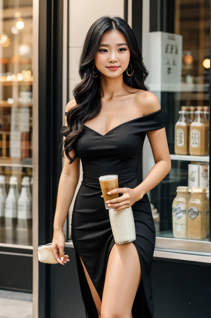 A lady wearing all black off shoulder dress with milk tea long hair.