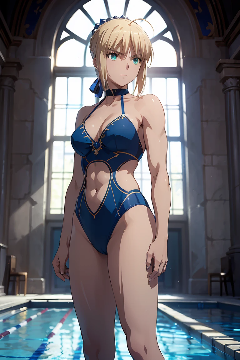 (masterpiece:1.2), Highest quality, High resolution, unity 8k wallpaper, (shape:0.8), (Beautiful details:1.6)(Artoria Pendragon), alone (Swimsuit)++ short hair,ponytail Parody, Blue choker, Beautiful Abs Beautiful arm muscles ((Are standing)) Realistic swimming pool Angle from below Cool look