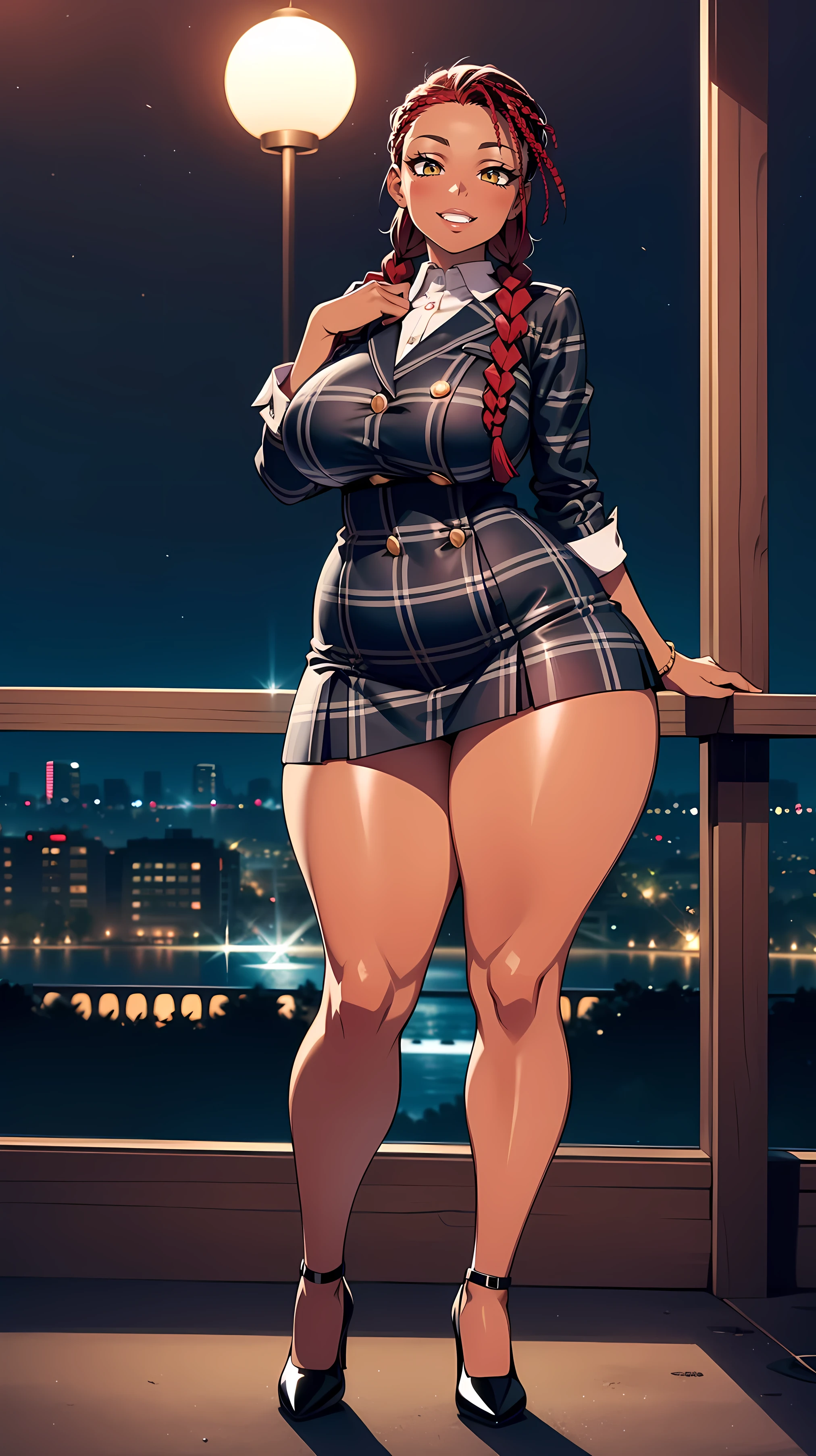 4K Quality, grinning, sexy pose, (full black plaid skirt), standing up, ((black and red braids)), (dark skinned), thick thighs, big breasted, big ass, looking at viewer, amber eyes, night time, bedroom eyes, full body, city background, perfect face, perfect body, perfect eyes, full lips,