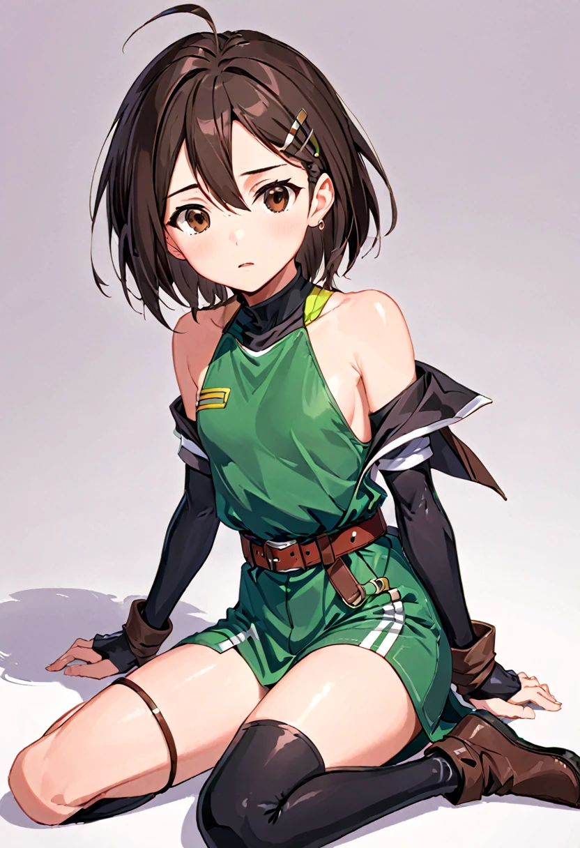 extremely detailed,
(Ellen 18-years-old, short dark layered hair, Brown-eyed, small breast:1.0),
Fantasy rogue outfit, rogue hood, groin, spread legs , grin 