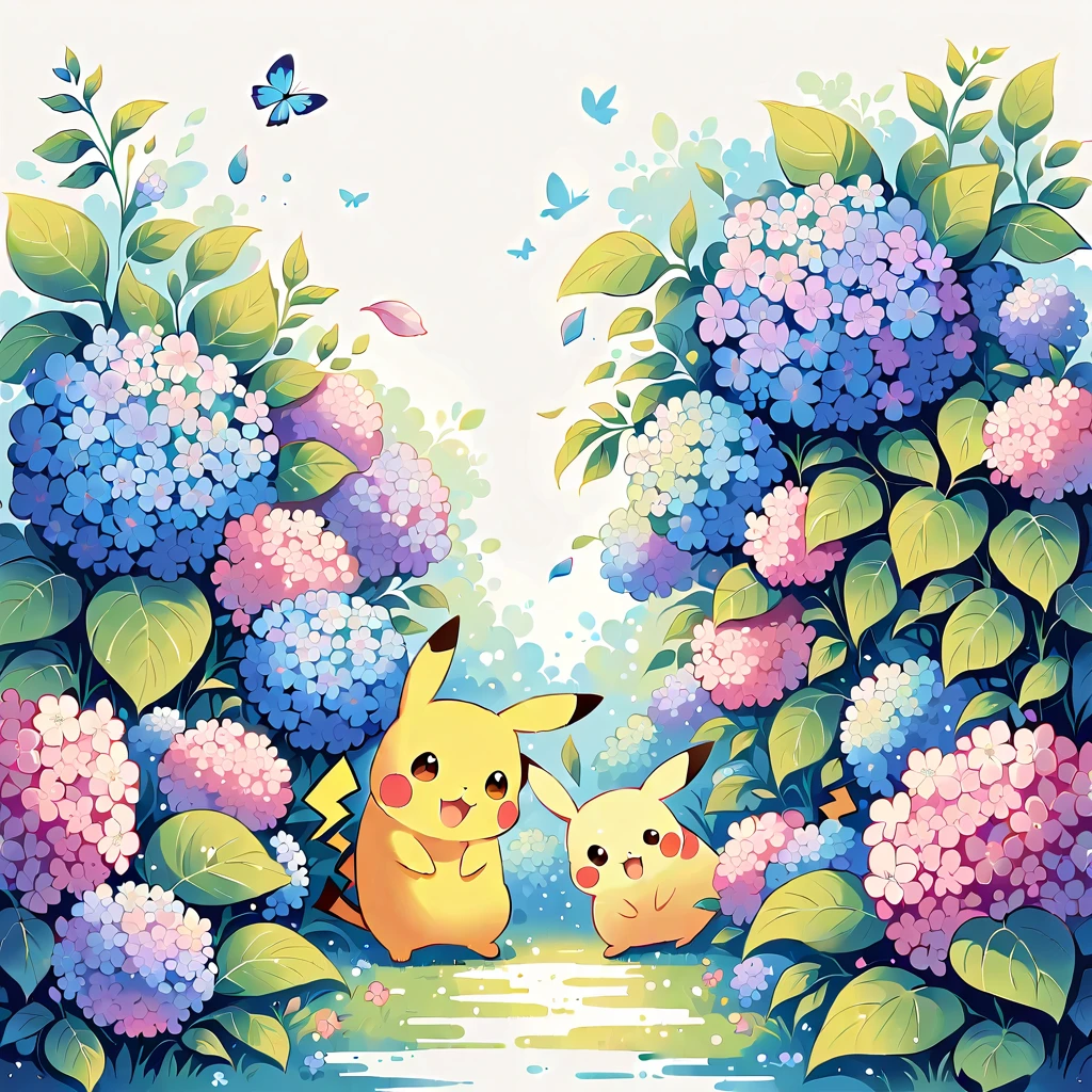 Create a cute illustration of Pikachu playing among hydrangeas. Pikachu should be surrounded by blooming hydrangea flowers in various shades of blue, pink, and purple. Include details like Pikachu smelling a flower or playing with a fallen petal. The scene should be vibrant and cheerful, capturing the beauty of hydrangeas in bloom.