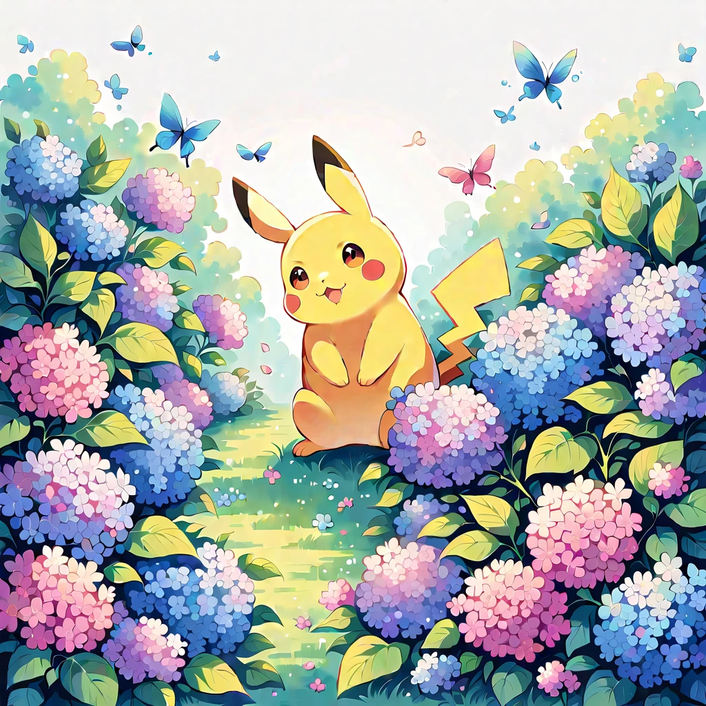 Create a cute illustration of Pikachu playing among hydrangeas. Pikachu should be surrounded by blooming hydrangea flowers in various shades of blue, pink, and purple. Include details like Pikachu smelling a flower or playing with a fallen petal. The scene should be vibrant and cheerful, capturing the beauty of hydrangeas in bloom.