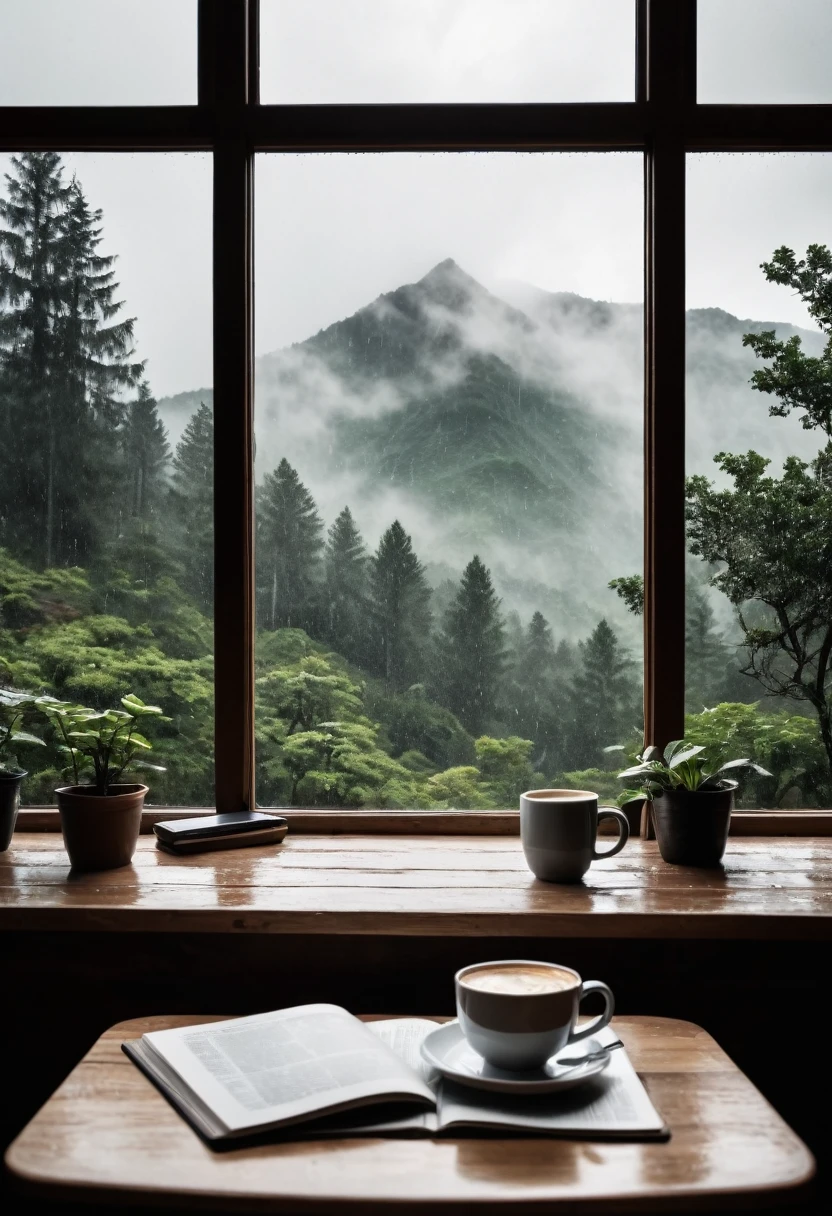 there is a view of a mountain through a window from a porch, quiet and serene atmosphere, inside on a rainy day, White study desk, cup of Coffee
