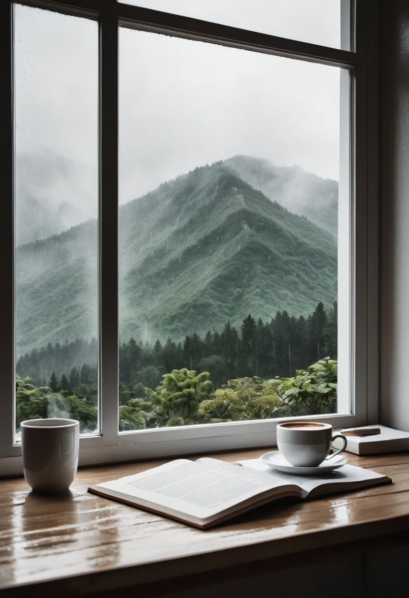 there is a view of a mountain through a window from a porch, quiet and serene atmosphere, inside on a rainy day, White study desk, cup of Coffee