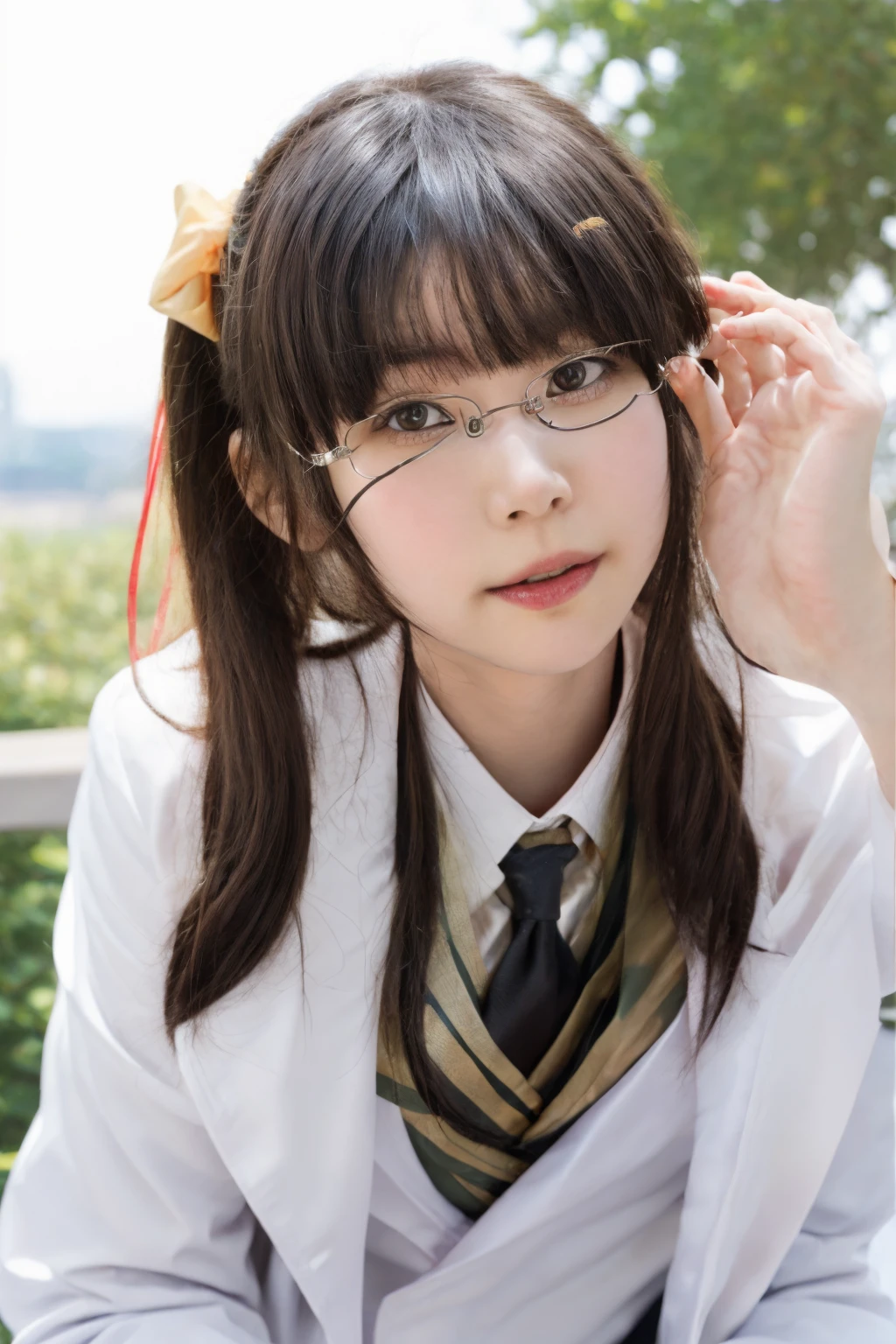 ultra-detailed,highly detailed,best quality,masterpiece,illustration,realistic,
shiguma rika, 1girl, solo, cosplay,
st. chronica academy ,
glasses,hair bow, labcoat,
looking at viewer, upper body,
outdoors, nature, 

