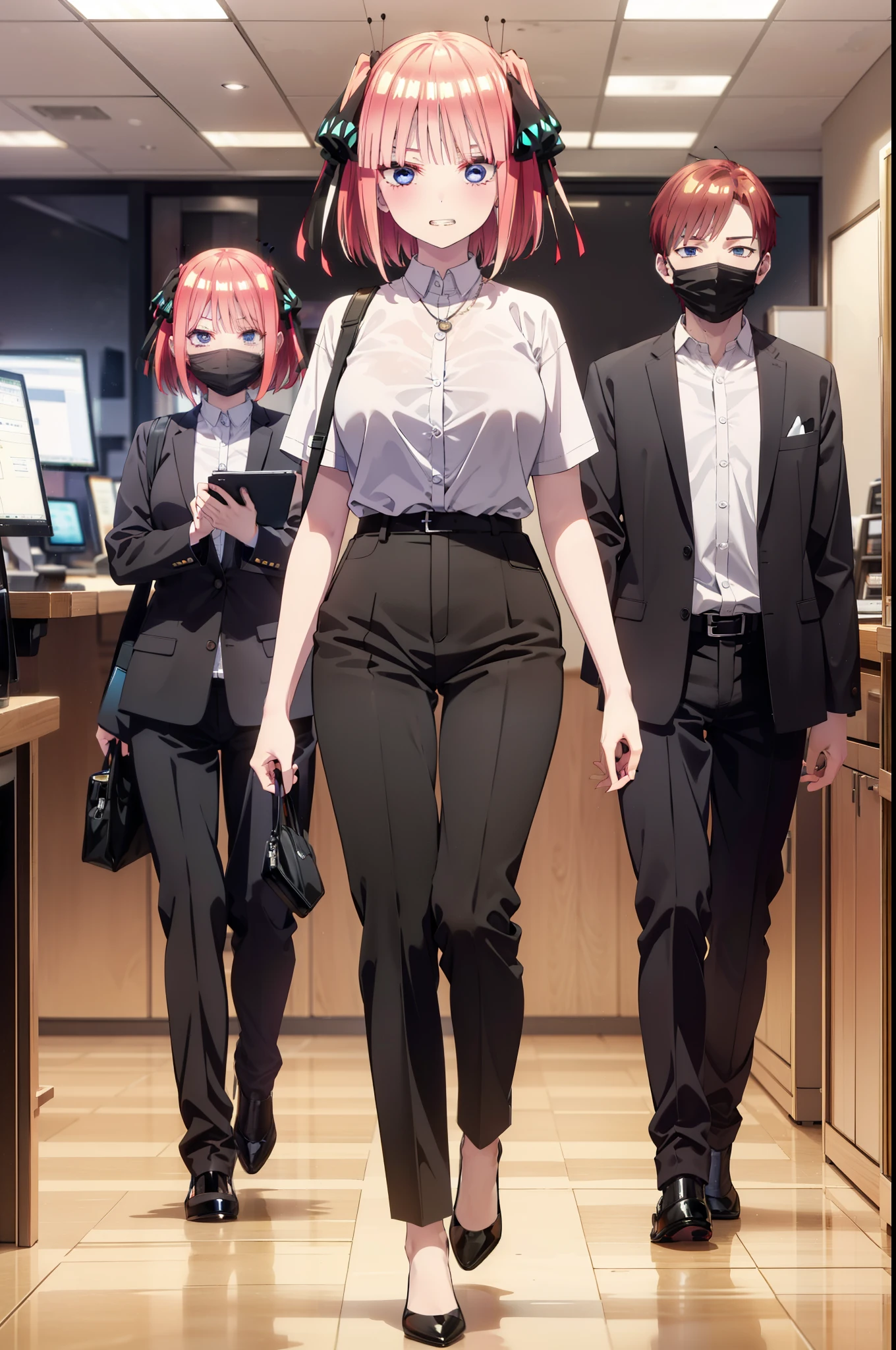 I was silent, Nakano Nino, Short Hair, bangs, blue eyes, hair ornaments, Hair Ribbon, Pink Hair, blunt bangs, Both sides up, Big Breasts,butterfly hair ornaments,Grin,White Y-shirt,Short sleeve,Heart Necklace,slacks,Stiletto heels,Walking,There is a computer on the table,whole bodyがイラストに入るように,Daytime,Clear skies,
break indoors, office,
break looking at viewer,whole body,
break (masterpiece:1.2), Highest quality, High resolution, unity 8k wallpaper, (figure:0.8), (Beautiful attention to detail:1.6), Highly detailed face, Perfect lighting, Highly detailed CG, (Perfect hands, Perfect Anatomy),
