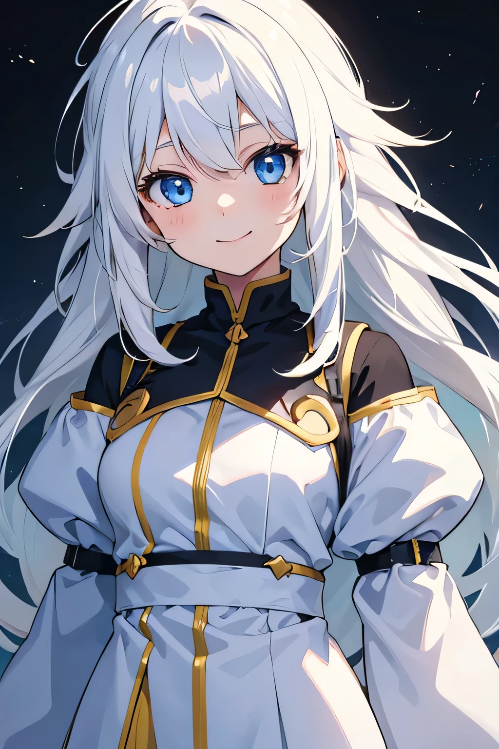 girl, cute anime girl, smiling, white hair and yellow hair, long hair, messy hair, blue eyes, glowing eyes