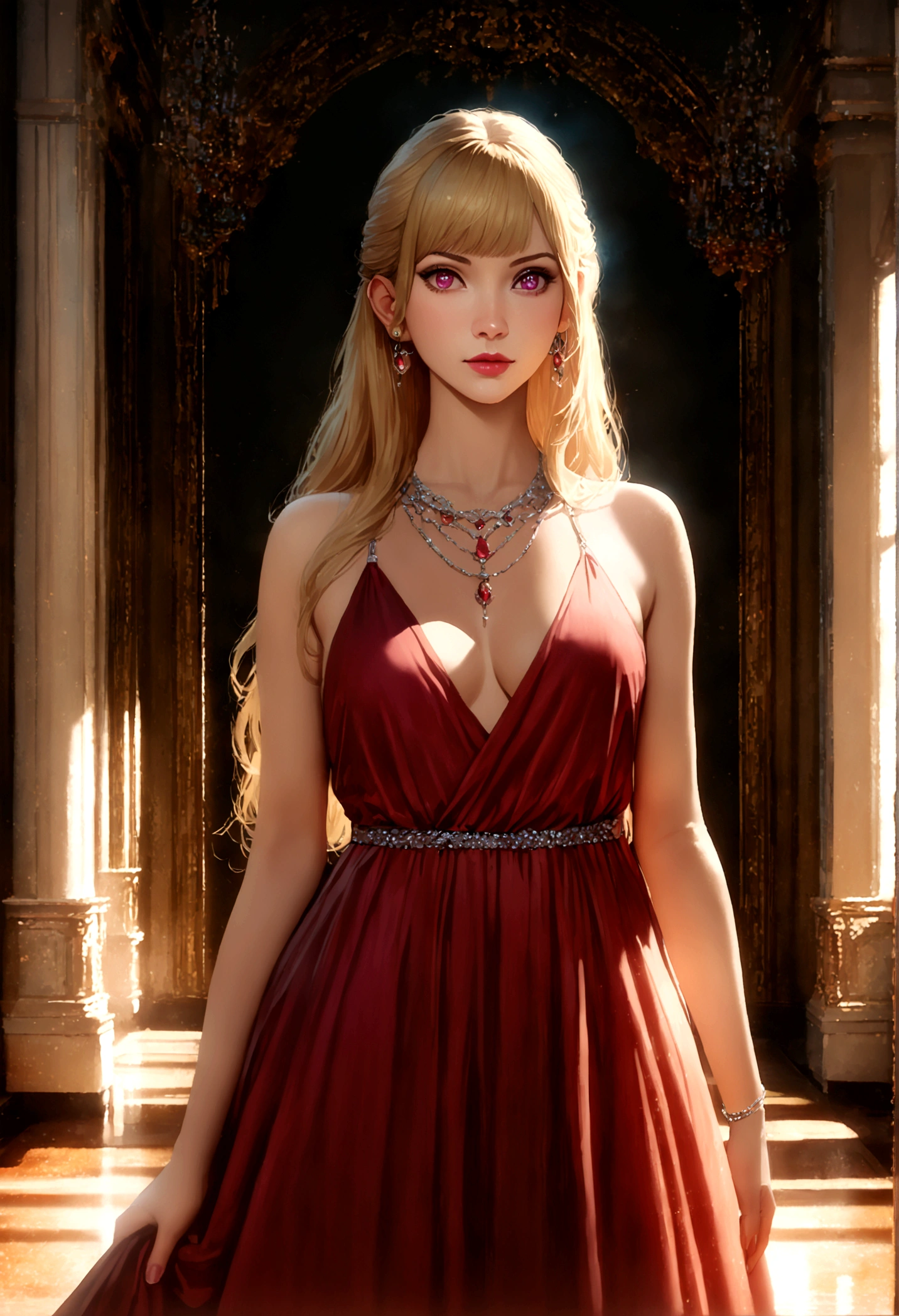 Wearing a long dress by Chanel, hoshinoruby, star-shaped pupils, ruby_hoshino, blonde hair, bangs, 1girl, pink eyes, long hair, luxurious Accessories, glittering necklace, Floor with luxurious chandeliers, (realistic, masterpiece, high quality, 8K, high resolution:1.3), extremely detailed CG, (illustration:0.8), full Shot,