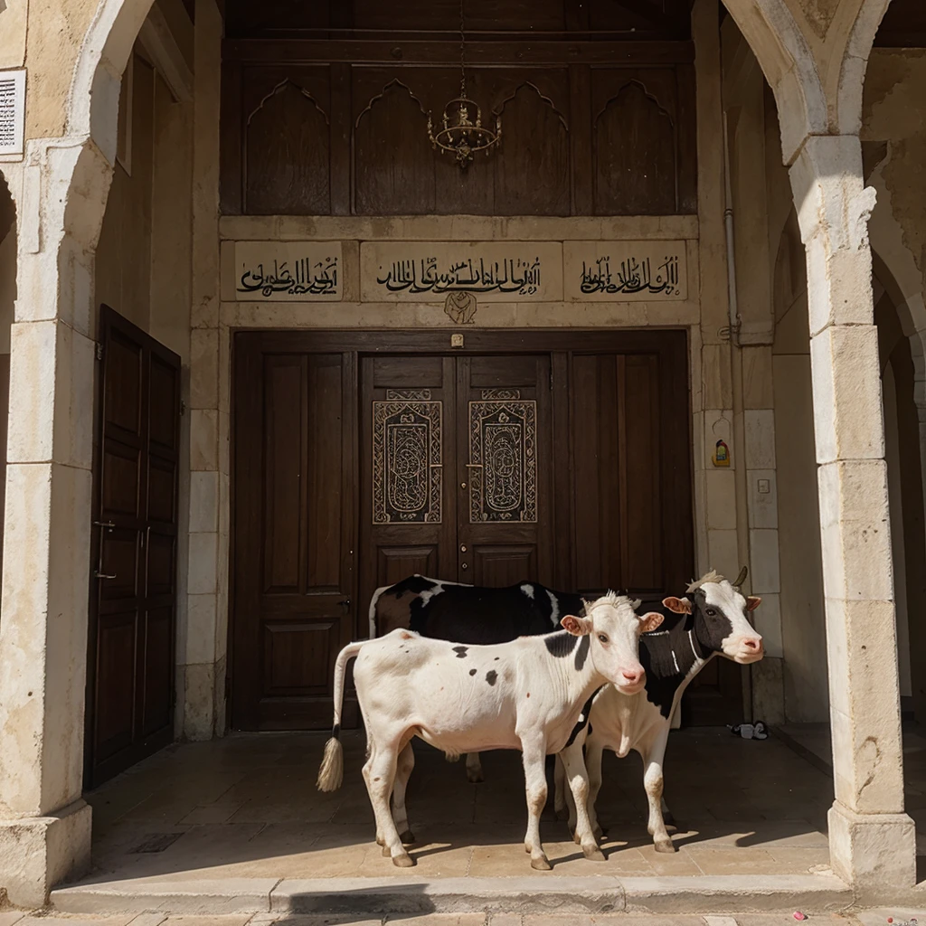 Cow with goat in mosque with gu background