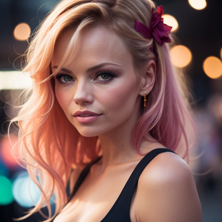 (8k, best quality, masterpiece:1.2),(best quality:1.0), (ultra highres:1.0), pencil colors, Pamela Anderson, shoulder, hair ribbons, by agnes cecile, full body photography, extremely luminous bright design, pastel colors, (ink:1.3), autumn lights