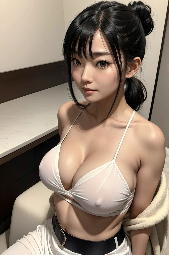 Aiko is a 37-year-old woman with a very large chest, specifically N cup breasts. american woman, white woman, low pony tail, LOW, bangs in face, She has long black hair that reaches her mid-back and is usually kept in a low ponytail. Her eyes are black, and her skin is soft, smooth, and milky. She has a gentle, nurturing appearance, mature face, old face, wide body, fat, naked,