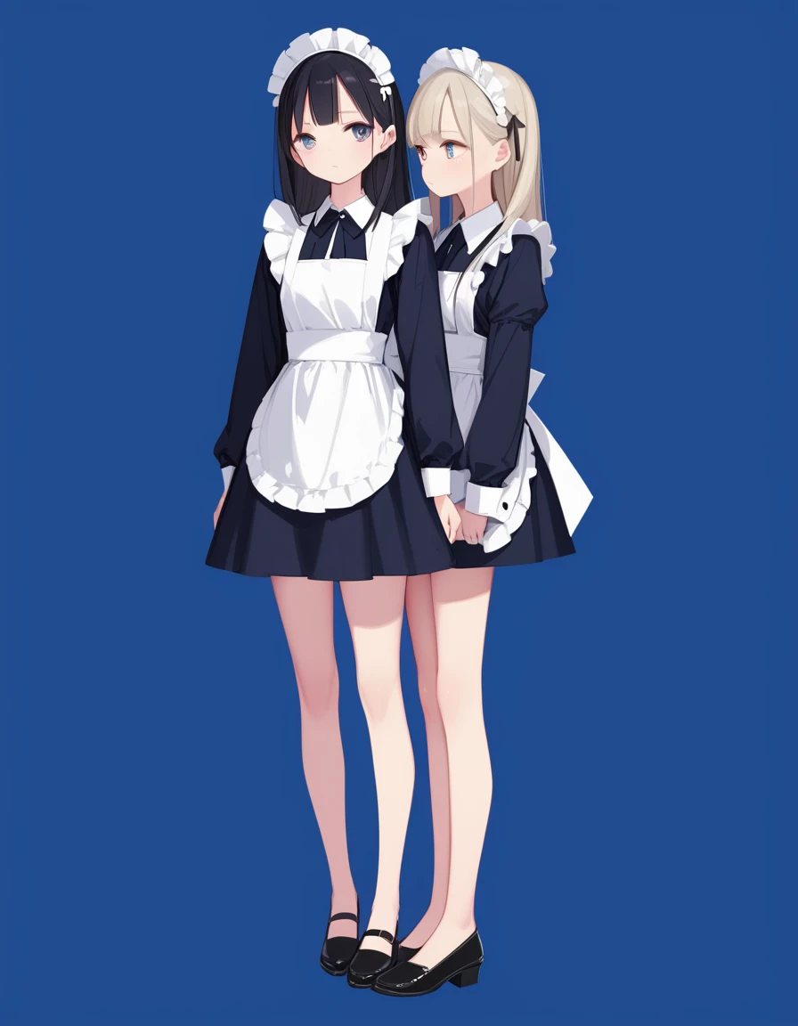 score_9,score_8_up,score_7_up,hadrian,hd5,ama_mitsuki,2girls,multiple girls, thin,skinny,slim,pale skin,shiny skin, expressionless,long hair,full body, simple background, multiple views, from below,skindentation,maid,loli