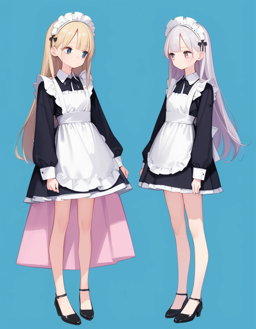 score_9,score_8_up,score_7_up,hadrian,hd5,ama_mitsuki,2girls,multiple girls, thin,skinny,slim,pale skin,shiny skin, expressionless,long hair,full body, simple background, multiple views, from below,skindentation,maid,loli