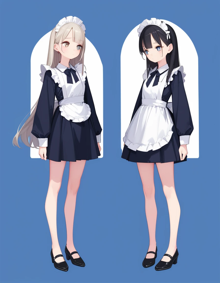 score_9,score_8_up,score_7_up,hadrian,hd5,ama_mitsuki,2girls,multiple girls, thin,skinny,slim,pale skin,shiny skin, expressionless,long hair,full body, simple background, multiple views, from below,skindentation,maid,loli