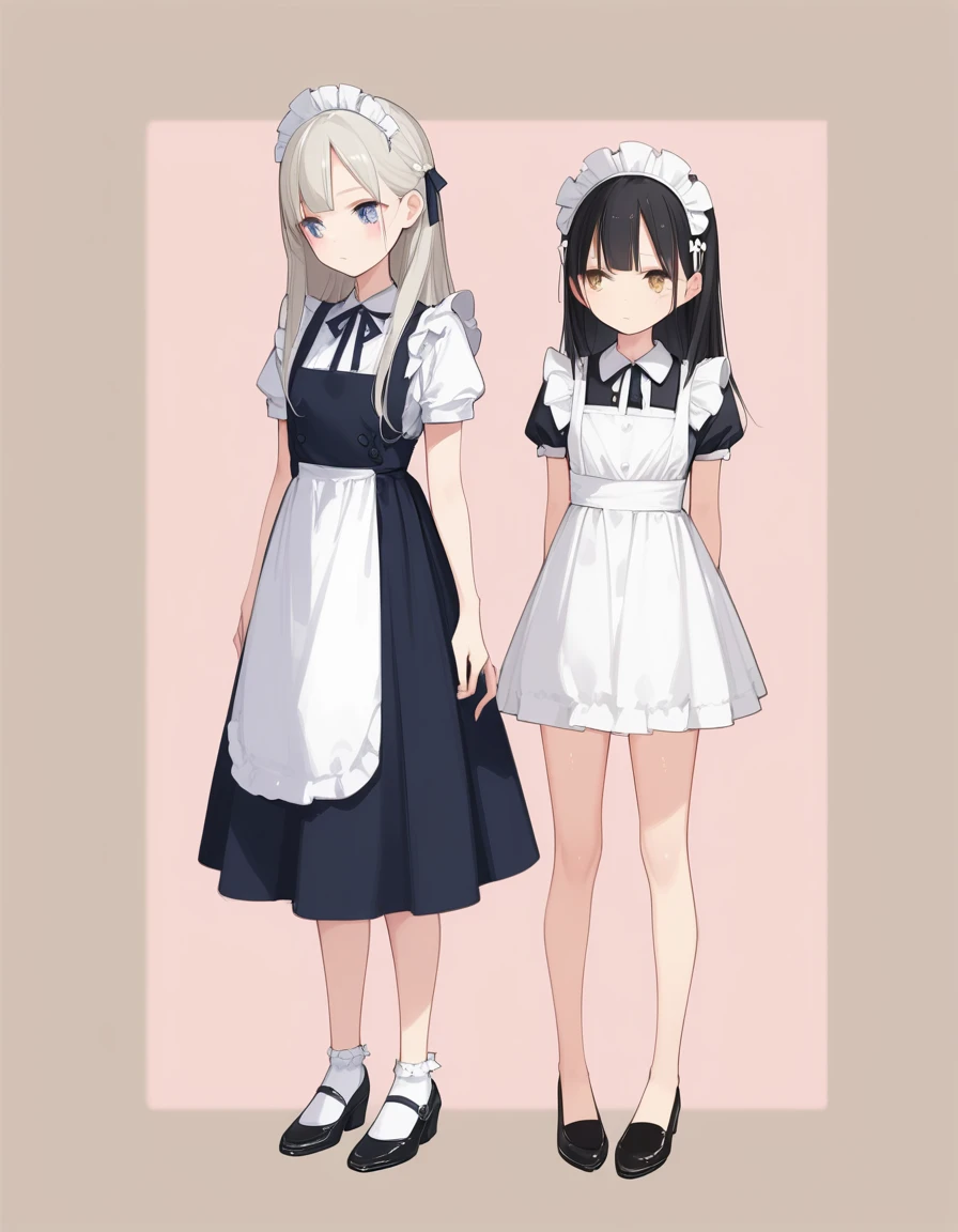 score_9,score_8_up,score_7_up,hadrian,hd5,ama_mitsuki,2girls,multiple girls, thin,skinny,slim,pale skin,shiny skin, expressionless,long hair,full body, simple background, multiple views, from below,skindentation,maid,
