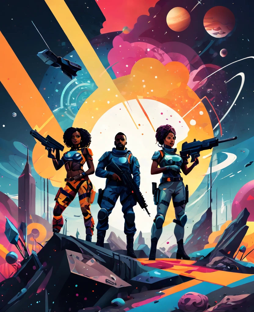 Low angle shot of Vector Art, Colorful illustration with African soldier team of two african men and two african women holding futuristic guns, looking at the viewer with serious facial expressions. Spaceships, horoscopes and solar system in the background. Afrofuturism art, sci-fi art, Vibrant colors,Graffiti Art,ink splatter,Wild and unrestrained,rich and colorful,visual impact, Modern aesthetic super detailed,