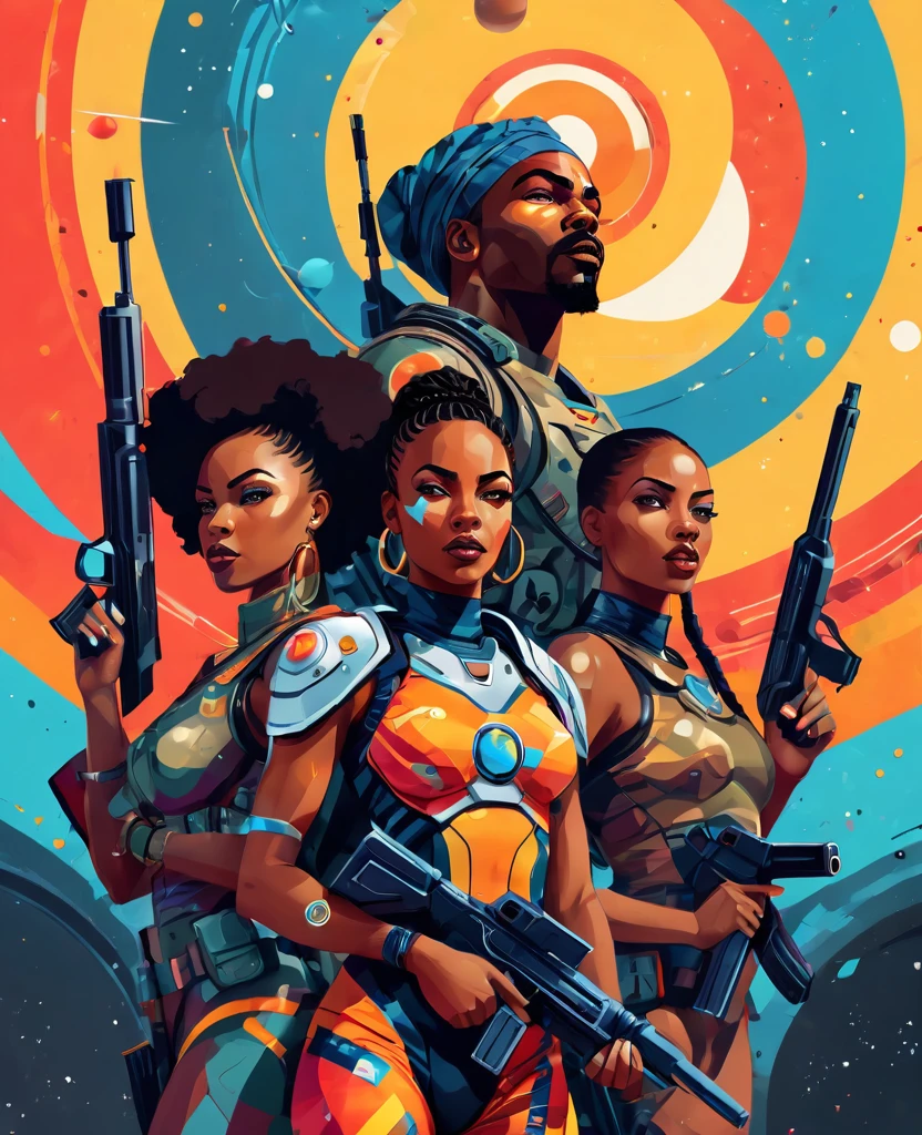 Low angle shot of Vector Art, Colorful illustration with African soldier team of two african men and two african women holding futuristic guns, looking at the viewer with serious facial expressions. Spaceships, horoscopes and solar system in the background. Afrofuturism art, sci-fi art, Vibrant colors,Graffiti Art,ink splatter,Wild and unrestrained,rich and colorful,visual impact, Modern aesthetic super detailed,