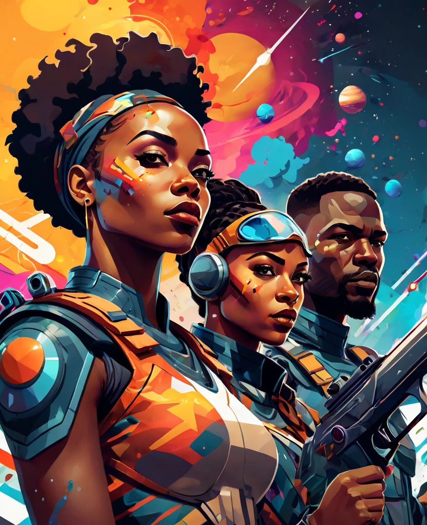Low angle shot of Vector Art, Colorful illustration with  African soldier team of two african men and two african women holding  futuristic guns, looking at the viewer with serious facial expressions. Spaceships, horoscopes and solar system in the background. Afrofuturism art, sci-fi art, Vibrant colors，Graffiti Art，ink splatter，Wild and unrestrained，rich and colorful，visual impact, Modern aesthetic super detailed,

