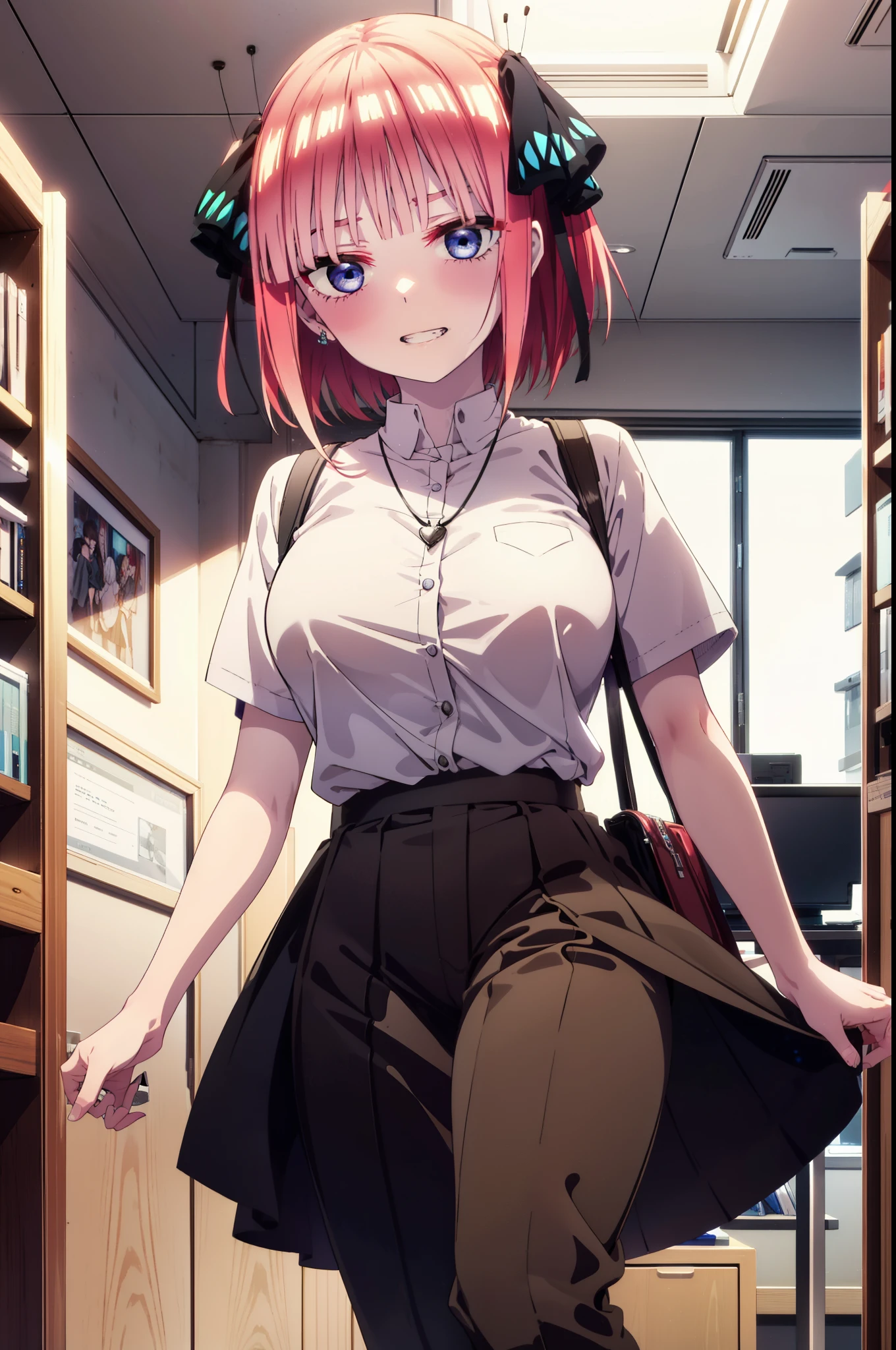 I was silent, Nakano Nino, Short Hair, bangs, blue eyes, hair ornaments, Hair Ribbon, Pink Hair, blunt bangs, Both sides up, Big Breasts,butterfly hair ornaments,Grin,White Y-shirt,Short sleeve,Heart Necklace,slacks,Stiletto heels,Walking,There is a computer on the table,whole bodyがイラストに入るように,Daytime,Clear skies,
break indoors, office,
break looking at viewer,whole body,
break (masterpiece:1.2), Highest quality, High resolution, unity 8k wallpaper, (figure:0.8), (Beautiful attention to detail:1.6), Highly detailed face, Perfect lighting, Highly detailed CG, (Perfect hands, Perfect Anatomy),