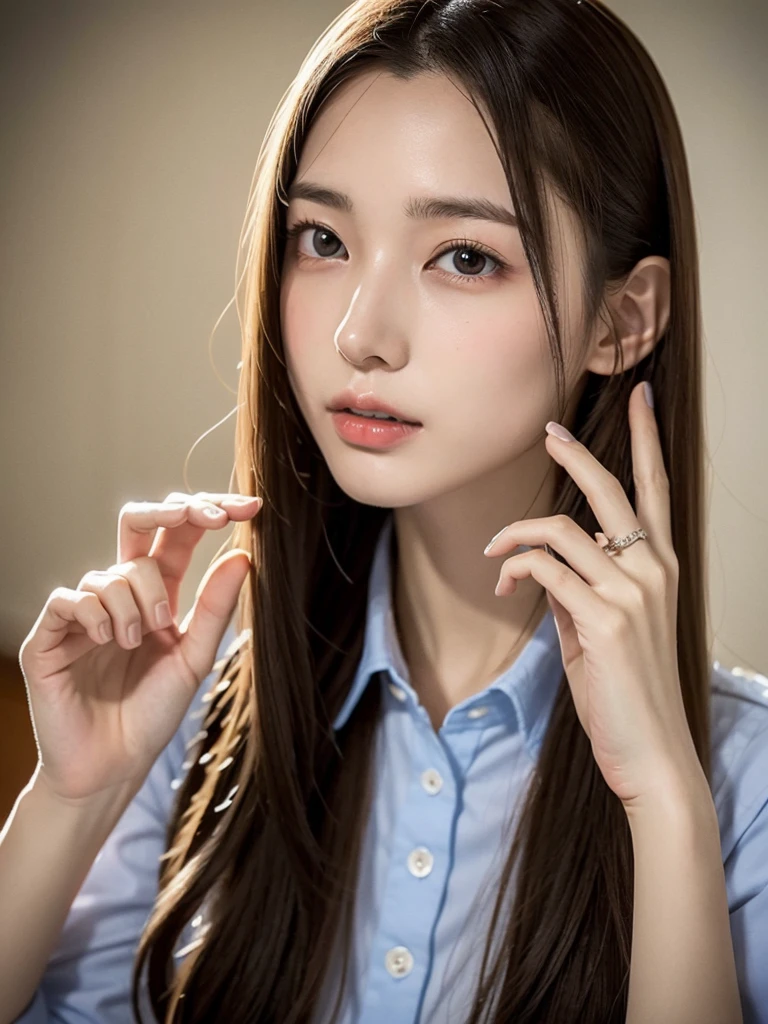 20 year old Japanese idol, beautiful and detailed eyes, beautiful and detailed lips, extremely detailed eyes and face, long eyelashes, slender body, thin face, delicate features, perfect porcelain skin, glistening sweat, extremely thin hands, extremely thin fingers, the best ratio of four fingers to one thumb, realistic,  uniform, school classroom, first person view, Fujifilm, F/1.2, 8K, masterpiece, nffsw, ultra-detailed, high quality, best quality, high resolution