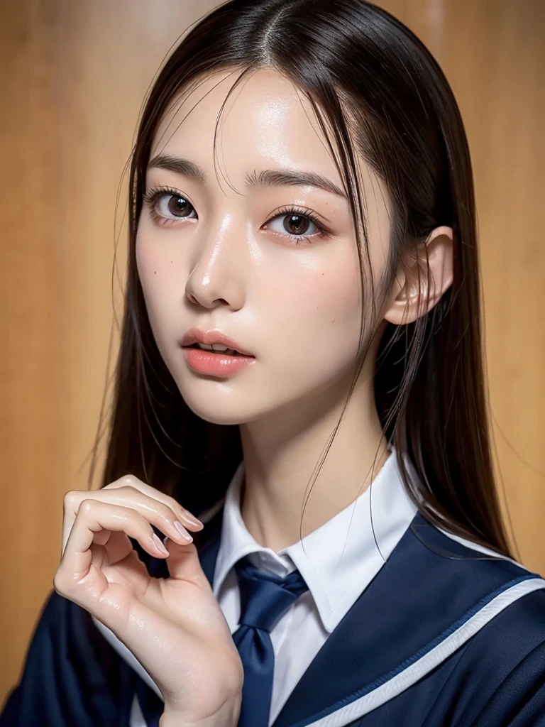 20 year old Japanese idol, beautiful and detailed eyes, beautiful and detailed lips, extremely detailed eyes and face, long eyelashes, slender body, thin face, delicate features, perfect porcelain skin, glistening sweat, extremely thin hands, extremely thin fingers, the best ratio of four fingers to one thumb, realistic, uniform, school classroom, first person view, Fujifilm, F/1.2, 8K, masterpiece, nffsw, ultra-detailed, high quality, best quality, high resolution