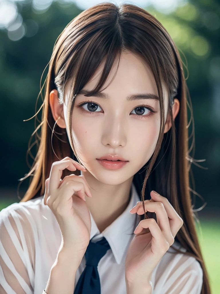20 year old Japanese idol, beautiful and detailed eyes, beautiful and detailed lips, extremely detailed eyes and face, long eyelashes, slender body, thin face, delicate features, perfect porcelain skin, glistening sweat, extremely thin hands, extremely thin fingers, the best ratio of four fingers to one thumb, realistic, uniform, school classroom, first person view, Fujifilm, F/1.2, 8K, masterpiece, nffsw, ultra-detailed, high quality, best quality, high resolution