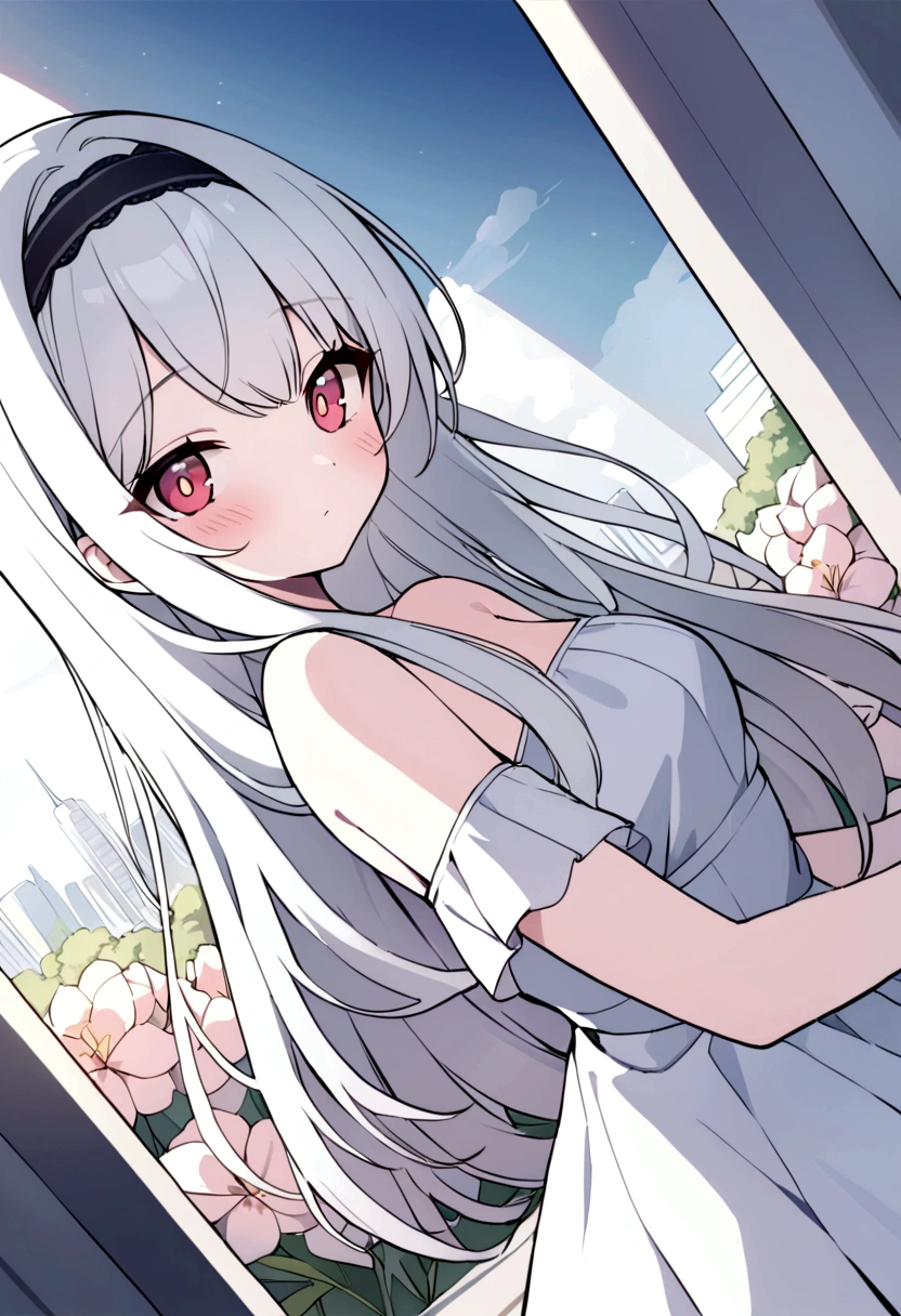 ((masterpiece, best quality))++, Detailed lighting+, Detailed hair+, Detail hand+ ,1 girl, Miss, Long hair, Crimson eyes, beautiful eyes, young white hair,,(Beautiful white hair:1.5),(Beautiful and delicate eyes), high resolution+,glass tint, Reflective eyes, {{angle}} , Very detailed wallpaper, The original, ,Sea of Flowers,Air bangs,city road,Extremely beautiful CG,Girls shopping,Headband,Gray eyelashes