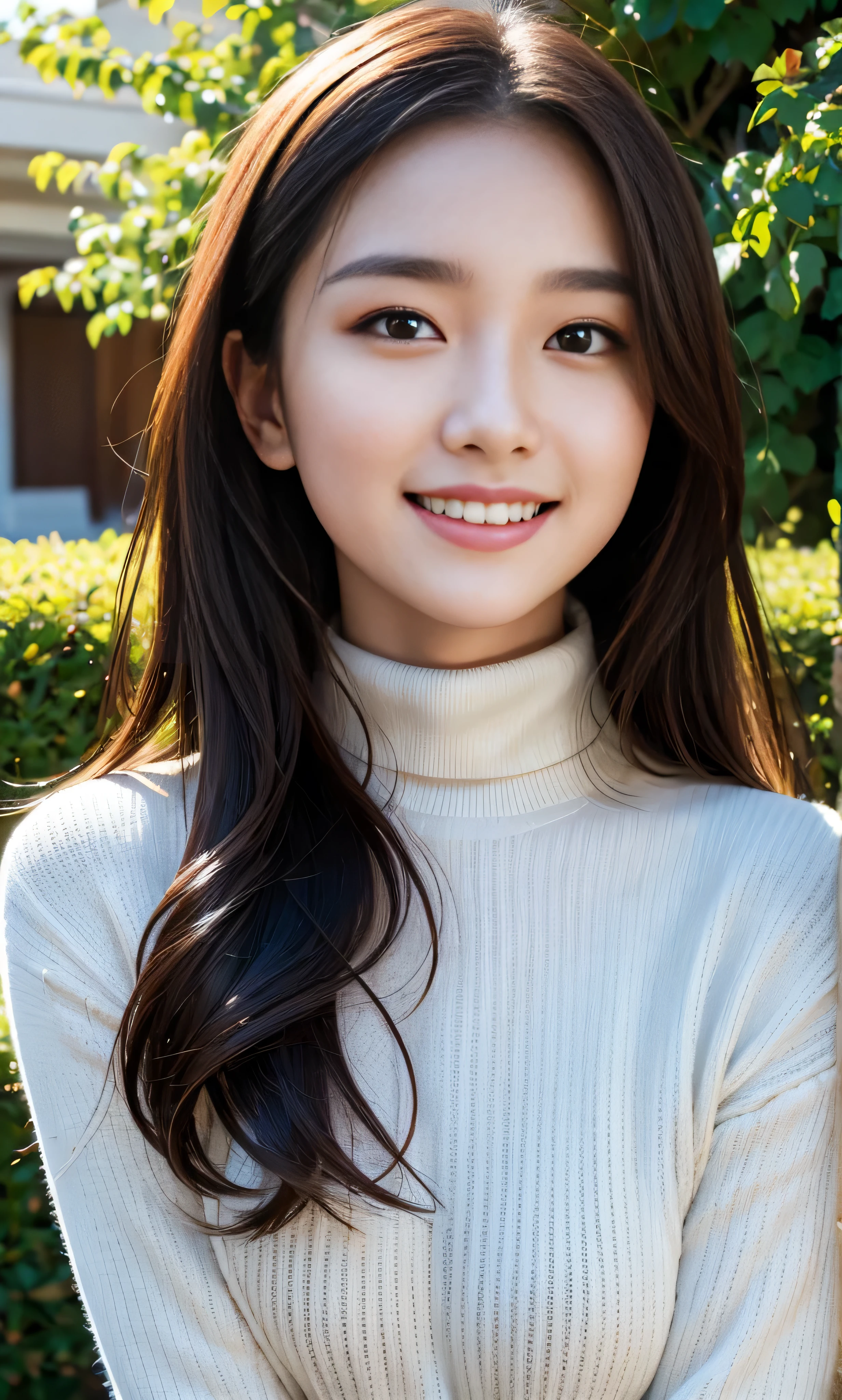 masterpiece,DSLR photo,analog style,nikon d5,real photo,a photo of a beautiful 20 year old woman,dramatic lighting (85mm),with Blooming garden in the background,(detailed facial features),(detailed shiny eyes),dynamic angle,Michelangelo style,long hair,turtleneck sweater,smiling face:1.4,