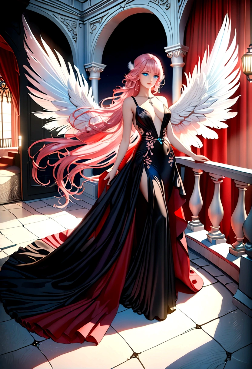 Arafed, a picture of a female angel in high society prom event, divine beautiful female angel, pink hair, long hair, flowing hair, the hair glows in a soft light, cerulean eyes, deep light eyes, divine beautiful face, (spread white feather wings: 1.1), she wears a ((((red: 1.3)) and ((black: 1.3)) evening dress: 1.2)), elegant, intricate detailed dress, silk dress, small cleavage, some crystals on the dress,  she wears elegant knee high heeled boots, exquisite high heeled boots, she stands on the porch of a fantasy castle, dynamic angle, soft torch light, (Masterpiece: 1.5), 16k, highres, best quality, high details, ultra detailed, masterpiece, best quality, (extremely detailed), AngelStyle, GlowingRunesAI_paleblue, angel_wings, Angel, 3d rendering