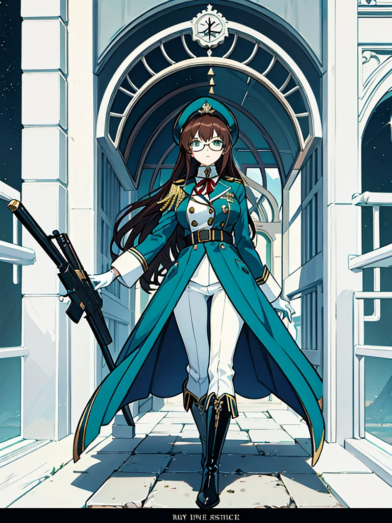 masterpiece, best quality, beautiful girl, brown hair whit white inner color, emerald green eyes, dark blue military uniform, mature_female, eye_glasses, white gloves, anime, dark blue military hat, very_long_hair, perfect body, red ribbon, commander, science_fiction, black knee-high boots, white pants , cowboy_shot, best quality, large_breasts, ultra-detailed, high quality, two-tone uniform, sci-fi, royal blue Trench Coat, fantasy world, one girl