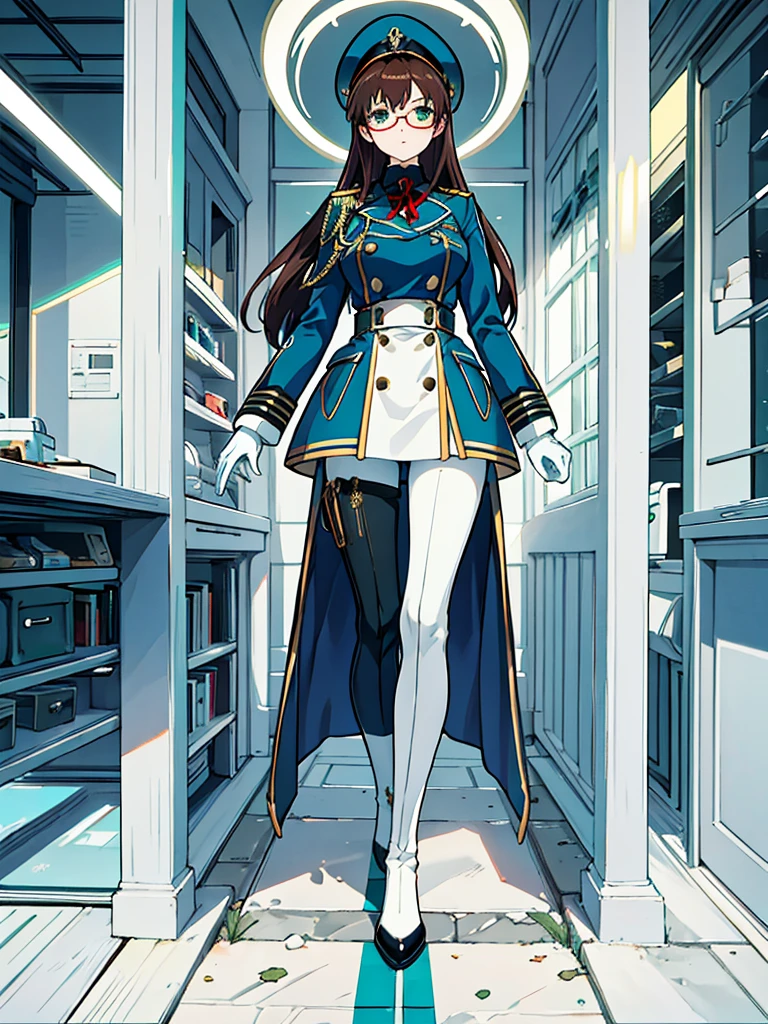 masterpiece, best quality, beautiful girl, brown hair whit white inner color, emerald green eyes, dark blue military uniform, mature_female, eye_glasses, white gloves, anime, dark blue military hat, very_long_hair, perfect body, red ribbon, commander, science_fiction, black knee-high boots, white pants , cowboy_shot, best quality, large_breasts, ultra-detailed, high quality, two-tone uniform, sci-fi, royal blue Trench Coat, fantasy world, one girl