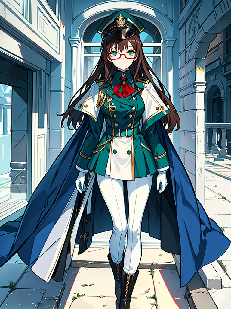 masterpiece, best quality, beautiful girl, brown hair whit white inner color, emerald green eyes, dark blue military uniform, mature_female, eye_glasses, white gloves, anime, dark blue military hat, very_long_hair, perfect body, red ribbon, commander, science_fiction, black knee-high boots, white pants , cowboy_shot, best quality, large_breasts, ultra-detailed, high quality, two-tone uniform, sci-fi, royal blue Trench Coat, fantasy world, one girl 