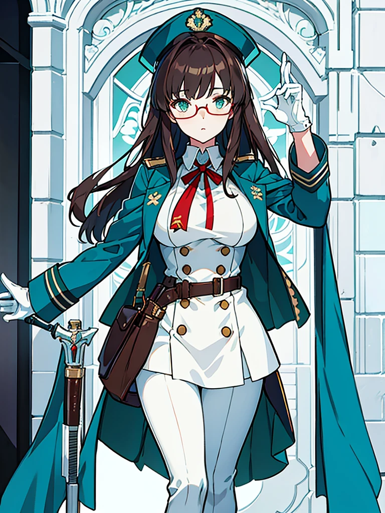 masterpiece, best quality, beautiful girl, brown hair whit white inner color, emerald green eyes, dark blue military uniform, mature_female, eye_glasses, white gloves, anime, dark blue military hat, very_long_hair, perfect body, red ribbon, commander, science_fiction, black knee-high boots, white pants , cowboy_shot, best quality, large_breasts, ultra-detailed, high quality, two-tone uniform, sci-fi, royal blue Trench Coat, fantasy world, one girl 