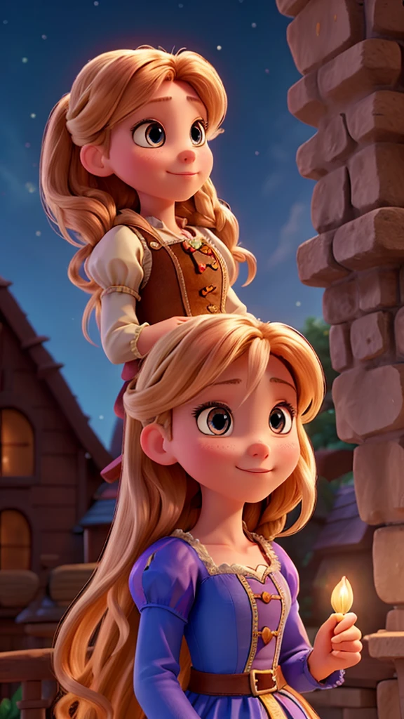Create an image of rapunzel but chestnut with the lights of the sky