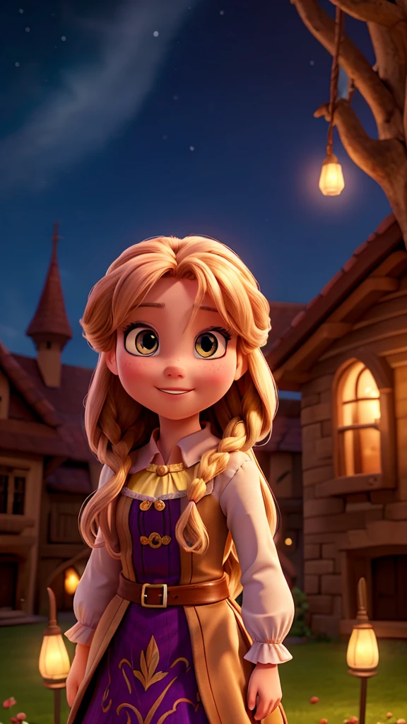 Create an image of rapunzel but chestnut with the lights of the sky