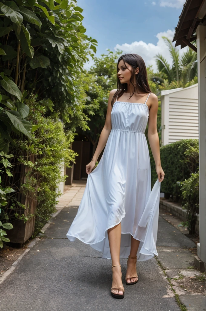 A woman in a nighty dress alone outside the house