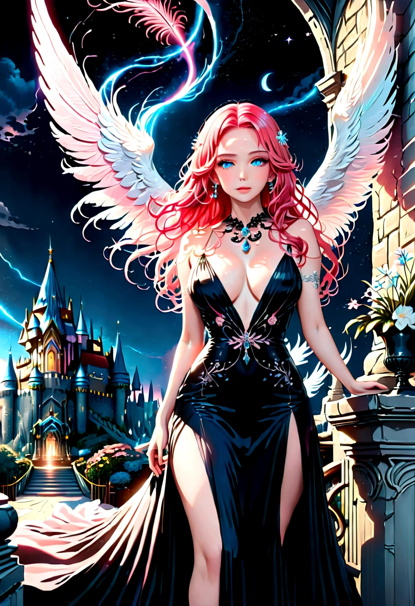 Arafed, a picture of a female angel in high society prom event, divine beautiful female angel, red hair, long hair, flowing hair, the hair glows in a soft light, cerulean eyes, deep light eyes, divine beautiful face, (spread white feather wings: 1.2), she wears a ((pink and black evening dress: 1.5)), elegant, intricate detailed dress, silk dress, small cleavage, some crystals on the dress,  she wears elegant knee high heeled boots, exquisite knee high heeled boots, she stands on the porch of a fantasy castle, dynamic angle, soft torch light, (Masterpiece: 1.5), 16k, highres, best quality, high details, ultra detailed, masterpiece, best quality, (extremely detailed), AngelStyle, GlowingRunesAI_paleblue, angel_wings, Angel